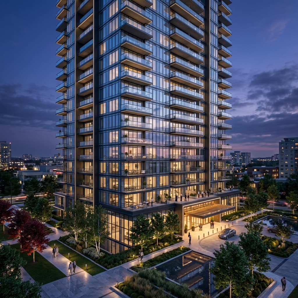 Condom\u00ednio moderno com fachada de vidro e arquitetura contempor\u00e2nea